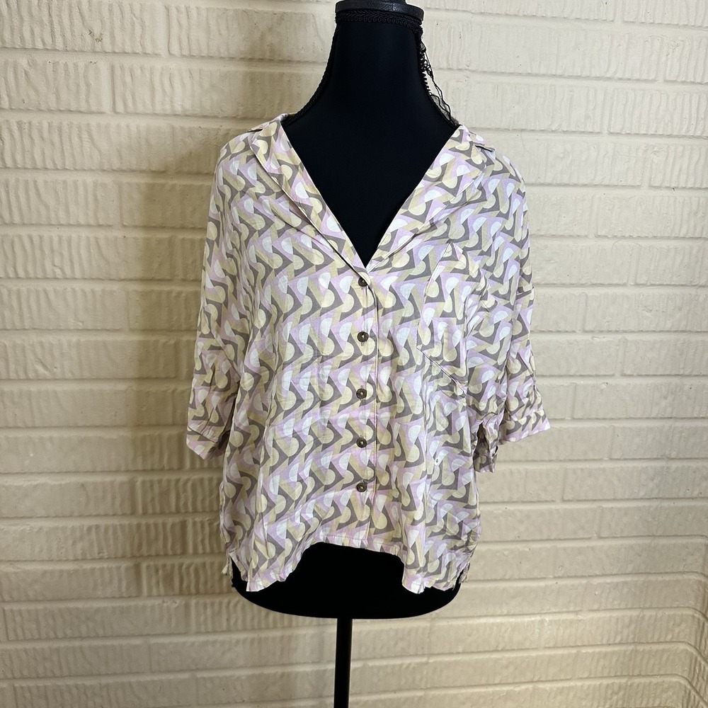 Prana Iguala Willon Retro Geo Button Up Shirt Lightweight 100% Modal Womens Sz L